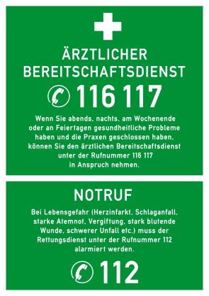 Grünes Schild mit Telefonnummern für Notrufe
