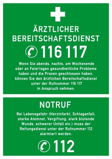 Kombi-Schild - Ärztlicher Bereitschaftsdienst und Notruf Grünes Schild mit Telefonnummern für Notrufe