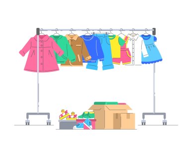 Kinderkleidung und Schuhe auf Kleiderbügeln zur Spende Verschieden Kinderkleidung, die an einem rollenden Kleiderbügel hängt. Kästen mit kleinen Schuhen und verschiedenen Sachen.