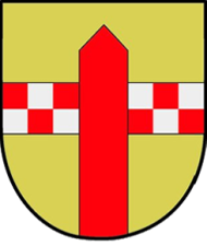 gelbes Wappen mit roten Pfeil und rotweisen Karomuster