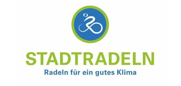grüner Kreis mit weißen stilisierten Fahrradfahrer auf blauen Hintergrung, hellgrüner Schriftzug Stadtradeln, blauer Schriftzug Radeln für ein gutes Klima