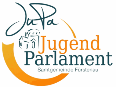 Schriftzug Jugendparlament Samtgemeinde Fürstenau mit der stilisierten Abkürzung JUPA und einem Schloßumriss dazu eine unterbrochener orangefarbener Kreis