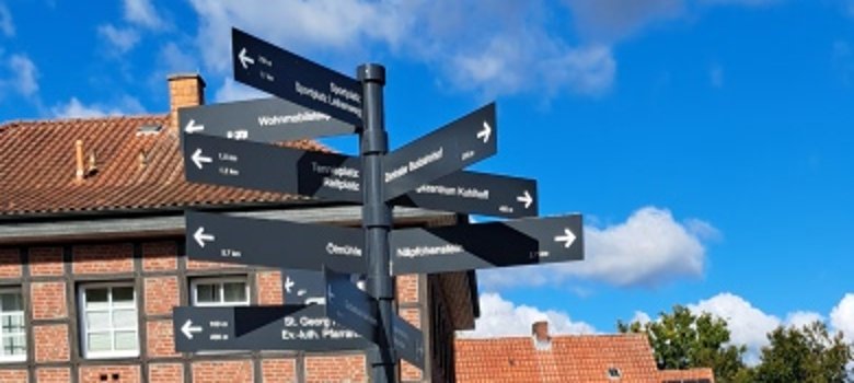 Schilderwegweiser vor Gebäude