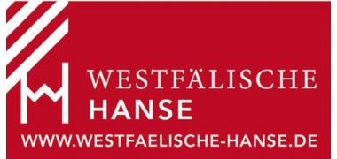 roter Hintergrund, in weiß oben links drei Streifen, stilisiertes H, Schriftzug Westfälische Hanse und www.westfaelische-hanse.de