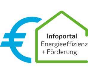 weißer Hintergrund mit hellblauen Euro-Symbol, grüner Hausumriss mit dem Schriftzug Infoportal Energieeffizienz + Förderung