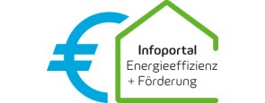 Logo Infoportal Energieeffizienz weißer Hintergrund mit hellblauen Euro-Symbol, grüner Hausumriss mit dem Schriftzug Infoportal Energieeffizienz + Förderung